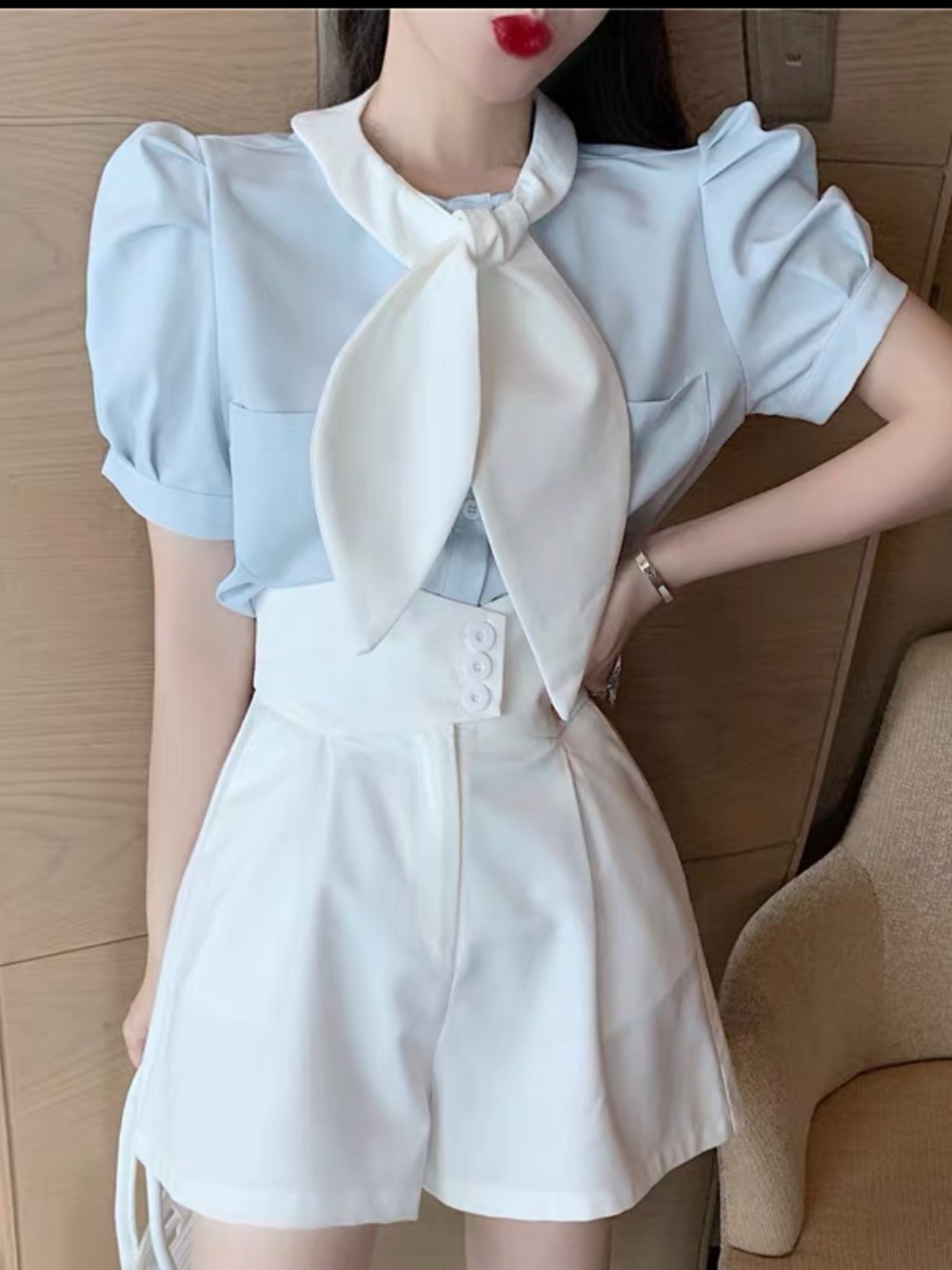 White Bow Tie Blouse & High-Waist Shorts Two-Piece Set